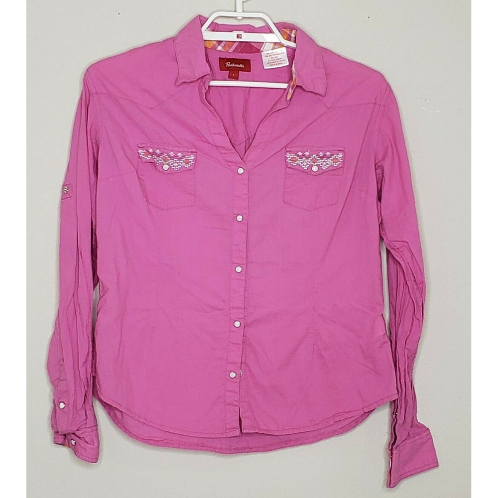 Panhandle Womens Western Pearl Snap Top Large L/S Pink V-Neck Collared‎ Cotton